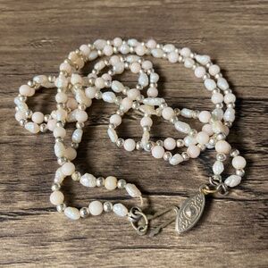 Vintage double strand ivory and silvertone beads and faux pearl baroque necklace
